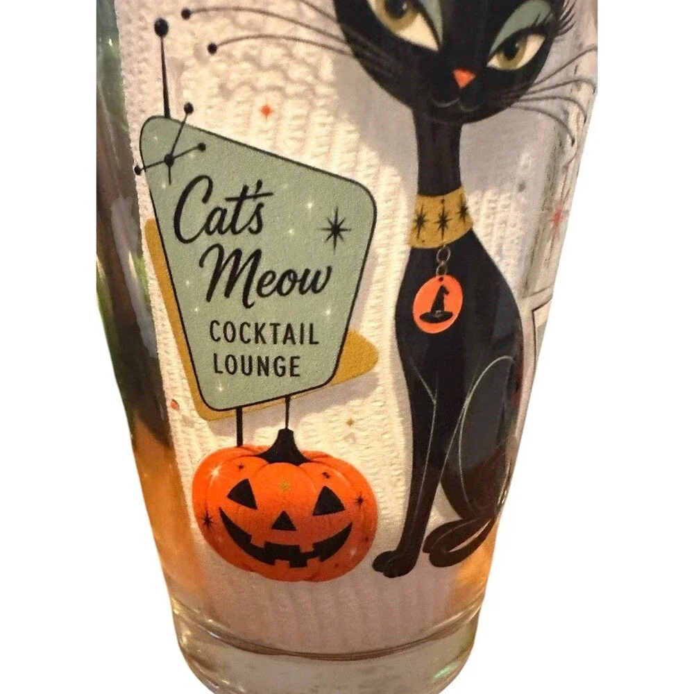 2- 16 oz Retro Halloween Black Cat Cocktail Glass, Heavy Pilsner Beer Glass